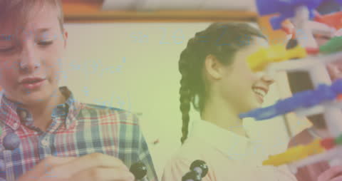 Schoolchildren Exploring Science Lab with Equations Overlay