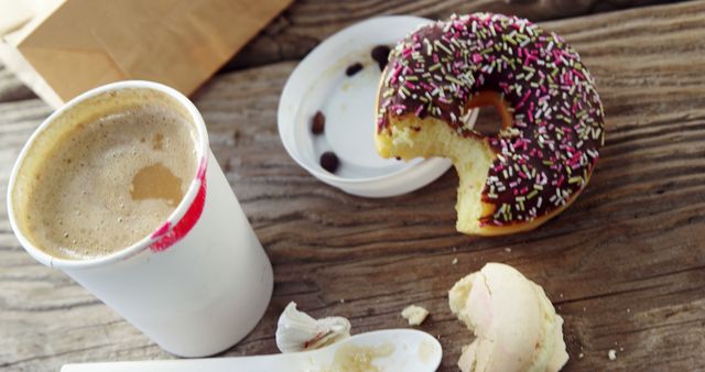 A cup of coffee with a lipstick mark sits next to a partially eaten donut with pink icing and sprinkles, with copy space. Indulgence in sweet treats and a caffeine fix is captured in this casual snack time moment.