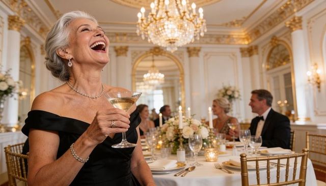 Laughing silver-haired woman raising champagne coupe in opulent ballroom banquet