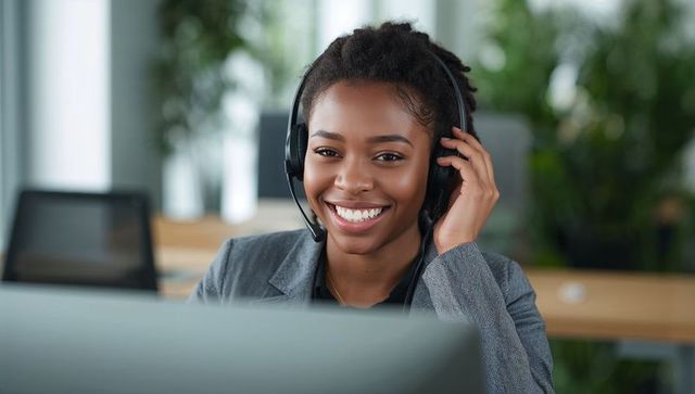 Smiling customer support agent adjusting headset at modern office desk with monitor