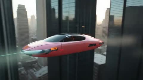 Futuristic Pink Flying Car Navigating Urban Skyscrapers