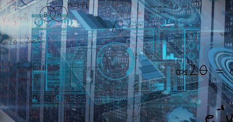 Futuristic data center with holographic math projections
