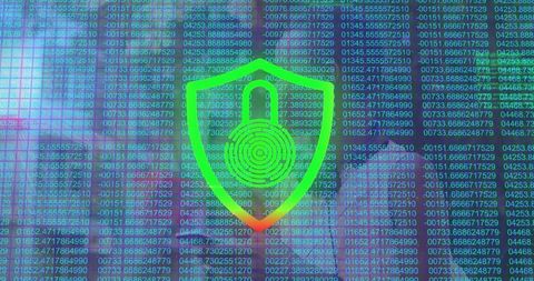 Cybersecurity concept with green shield and data encryption visual