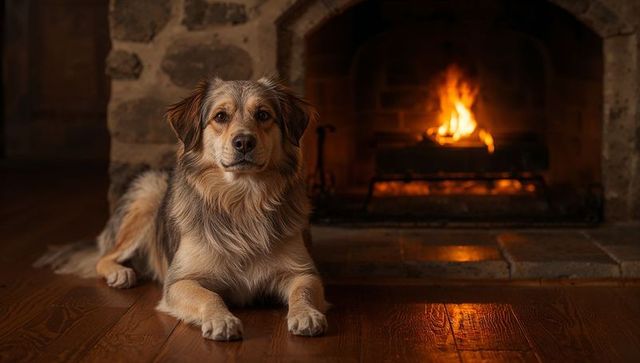 Rustic dog lying and gazing by roaring fireplace on polished wood floor warm cozy interior