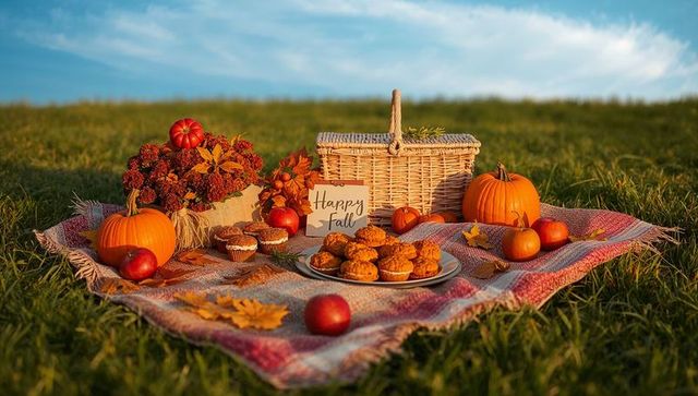 Cozy Fall Picnic in Meadow with Pumpkin Decor