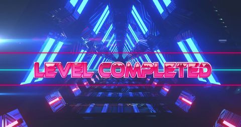 Level completed message in futuristic digital tunnel