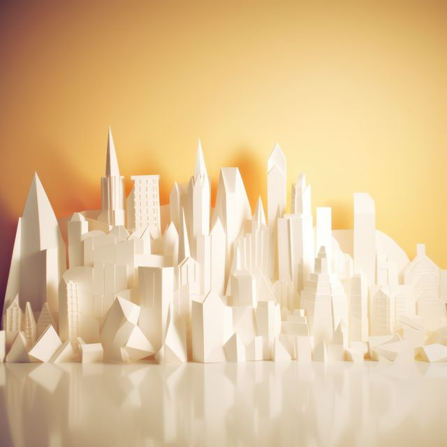 Origami cityscape on yellow background, created using generative ai technology. Cityscape, origami art and architecture concept digitally generated image.