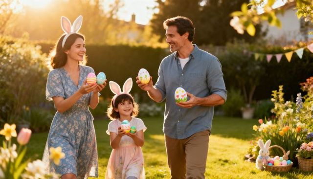 Family celebrating easter in sunlit garden wearing bunny ears and holding painted eggs