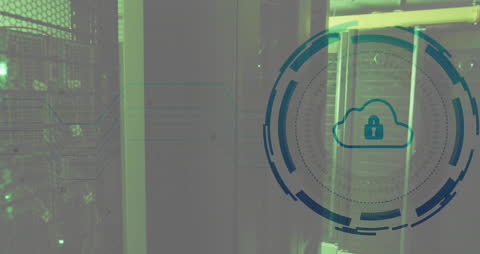 Digital Interface Concept with Cloud Security Icon Over Server Room
