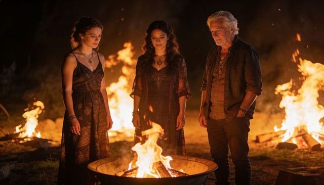 Bohemian night ritual: three adults standing around campfire fire pit embracing warmth