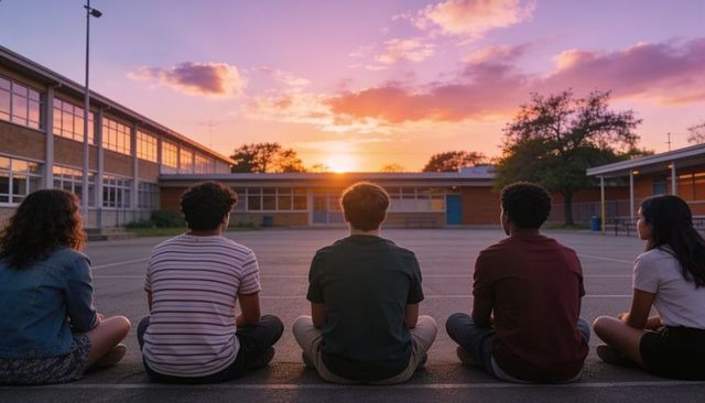 Teen friends watching sunset on school courtyard at dusk, sitting together