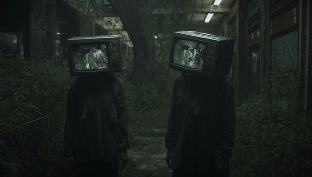 Surreal Dystopian Figures with TVs in Overgrown Urban Corridor