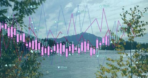 Overlay of financial chart visualization on tranquil lake landscape