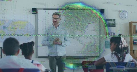 Male teacher leading diverse classroom lesson with digital glitch globe overlay