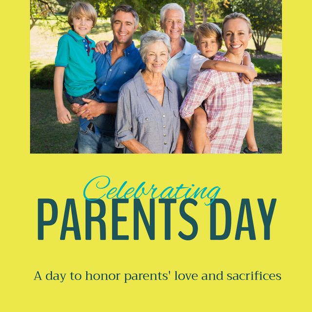 Perfect for Parents Day promotions, highlighting family unity and love. Ideal for greeting cards, social media posts, and advertising celebrating parental bonds and family togetherness.
