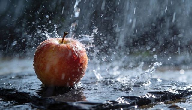 Red-yellow apple splashing under falling water with crown splash and reflective droplets