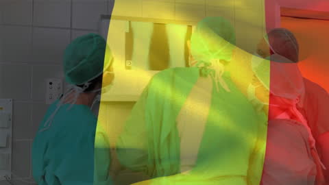 Surgeons Analyzing X-Ray with German Flag Overlay in Hospital