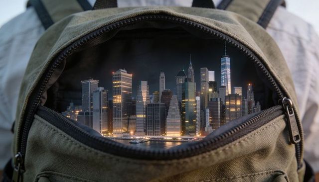 Revealing illuminated city skyline inside olive canvas backpack while traveling at night
