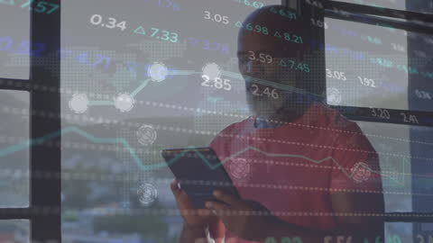 Man Analyzing Data on Tablet with Digital Interface Overlay