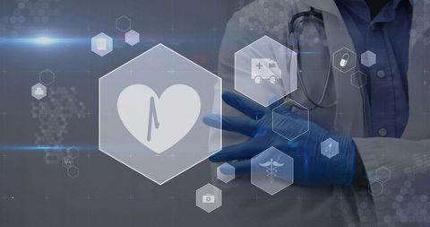 Doctor adjusting blue gloves with futuristic medical interface and heart pulse icon
