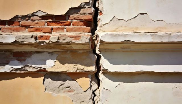 Cracked plaster revealing red brick through vertical fissure on aging exterior facade