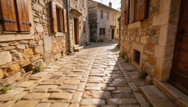 Sunlit cobblestone alley curving through mediterranean village bathing stone shutters