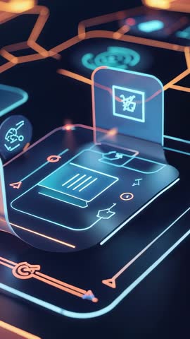 Vertical UI Grid Flipping Tab Revealing Crossed-Out Icon While Linking Neon Network Nodes