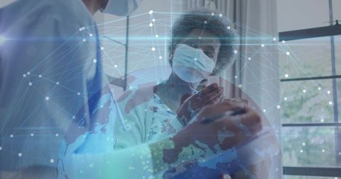 Senior Wearing Surgical Mask Receiving Telehealth Consultation with Nurse and Global Network Overlay