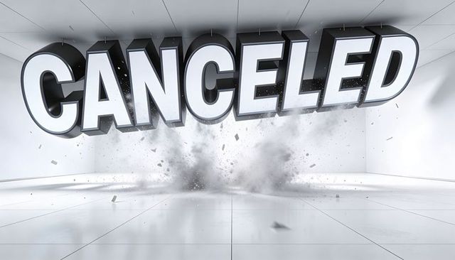 Monochrome 3d canceled typography exploding through minimalist white room, dramatic