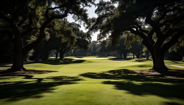 Sunlit oak canopy framing fairway leading to green with flag, dramatic shadows and bunkers