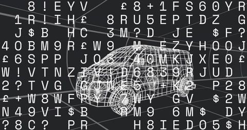 Wireframe SUV Rotating in Virtual Studio with Data Overlay and Grid Perspective