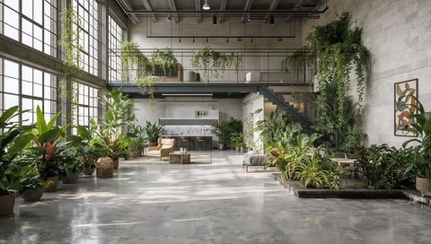 Sunlit industrial loft showcasing lush indoor plants, mezzanine living spaces