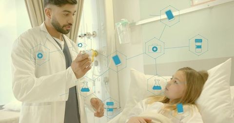 Male Doctor Examining Young Girl In Hospital Bed With Digital Healthcare Icons Overlay