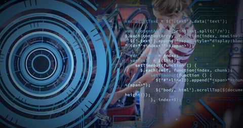 Woman Engineer Repairing Robotic Arm in Makerspace with Code Overlay and Futuristic HUD