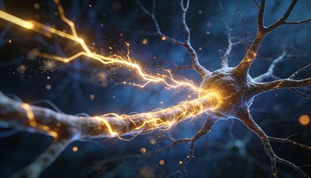 Glowing neuron transmitting golden electrical signal along axon in neural network