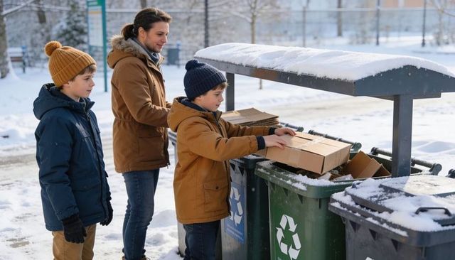 Family recycling cardboard in snowy park at communal recycling station