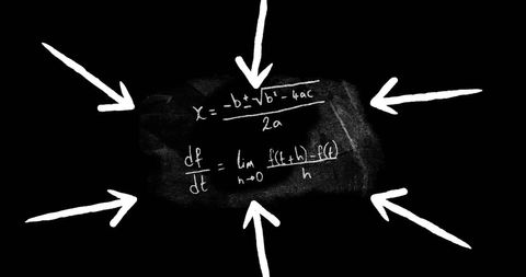 White arrows highlighting mathematical equations on blackboard