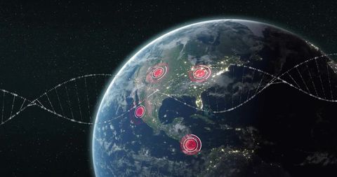 Showing global red hotspots and dna helix overlaying night earth with city lights data map
