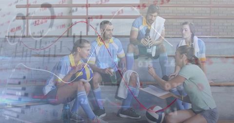 Volleyball Team Huddling on Bleachers While Coach Reviewing Strategy and Data Overlay