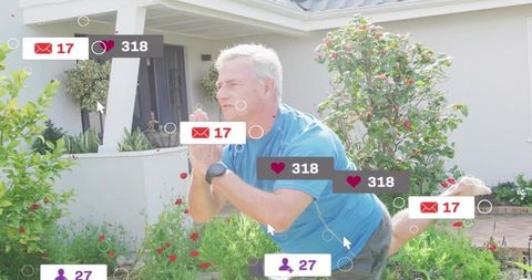 Senior man practicing yoga in garden pressing hands in prayer with social media overlays
