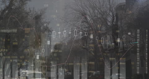 Animated Stock Data Visualization Overlay on Cityscape