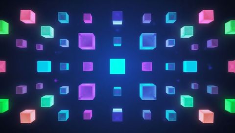 Glowing central cyan cube surrounded by multicolor translucent voxels in futuristic grid