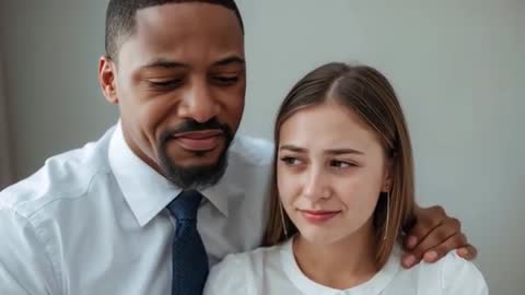 Man comforting woman, resting hand on shoulder while woman looking uncertain