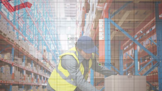 Warehouse worker scanning boxes with technology data overlay, highlighting inventory management. Ideal for illustrating topics related to warehouse logistics, supply chain technology, inventory control, and industrial efficiency.