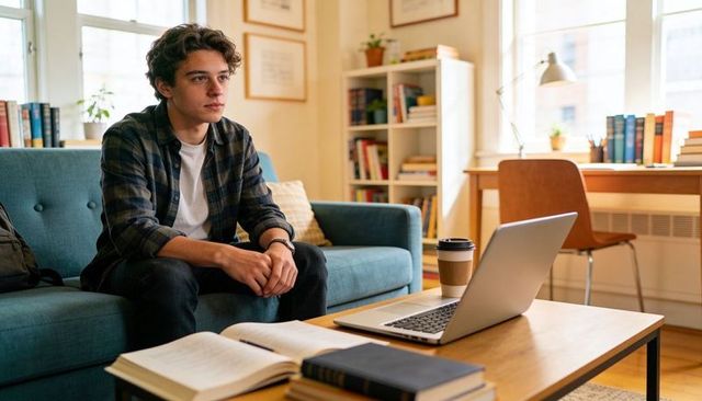 Young student studying at home on teal sofa with laptop and coffee cup, cozy apartment