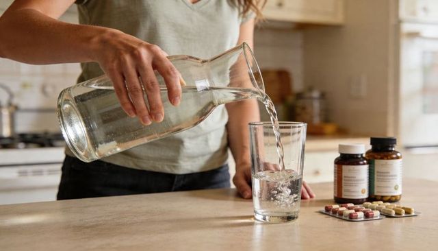 Woman pouring water into glass beside supplement bottles on sunlit kitchen countertop