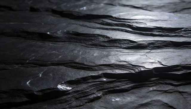 Closeup dark shale bedrock featuring thin laminations and glossy parallel ridges