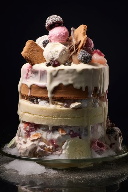 Ice cream cake with white icing, cookies and fruits on top, created using generative ai technology. Cake, celebration, treat, sweet food and deserts concept digitally generated image.