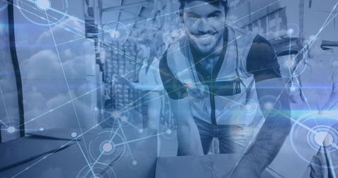 Warehouse Worker's Smile with Digital Connectivity in Logistics Industry