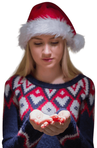 Festive blonde wearing santa hat with outstretched hands transparent background